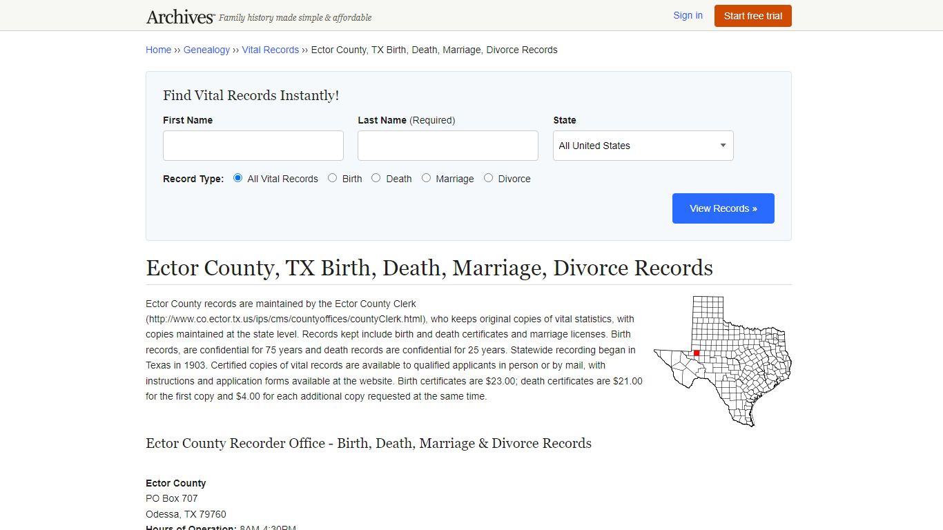 Ector County, TX Birth, Death, Marriage, Divorce Records - Archives.com